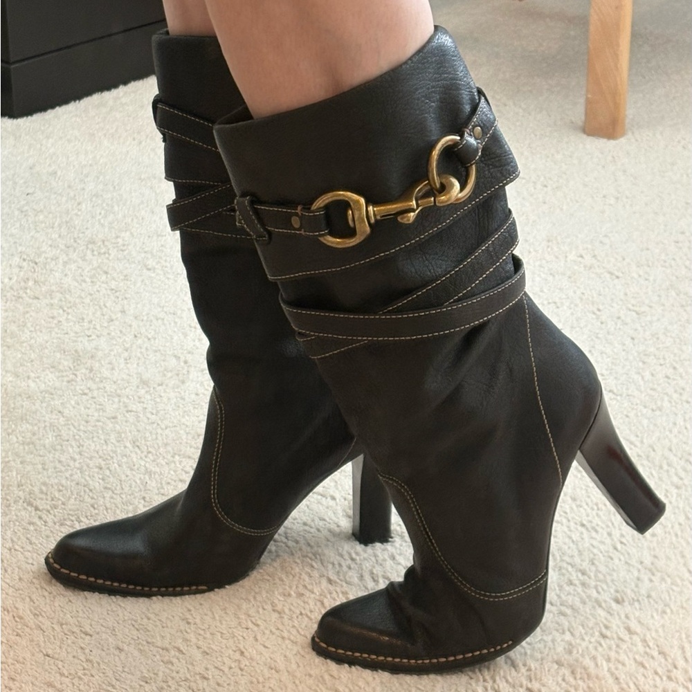 Coach Reiann Black Heeled Boots with Golden Buckles Size 8.5